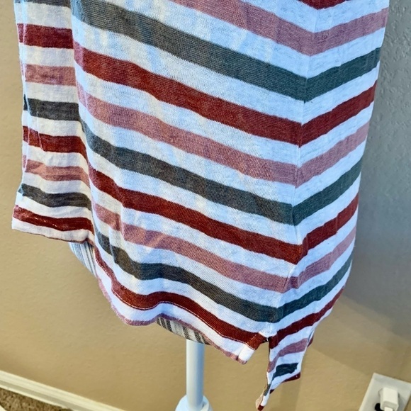 Linen Tee Medium White V-Neck Striped Olive Salmon Rust Short Sleeve 100% Linen - Picture 8 of 13